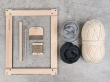 Load image into Gallery viewer, Beginners Weaving Kit in Off White, Grey/Blue, and Graphite